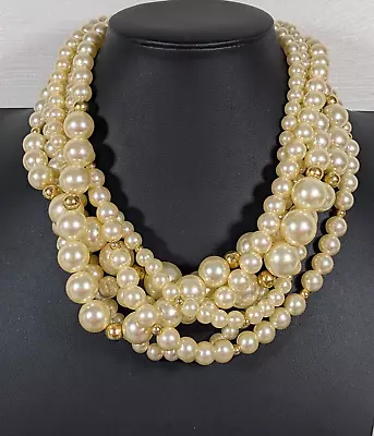 Vintage Cream Faux Pearl Multi Strand Chunky Bold Statement Necklace 19  Opulent • $9.09