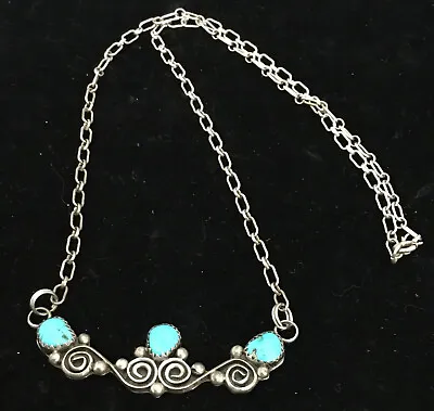 Vintage Native American Turquoise Scroll Pendant 18” Chain Necklace Sterling 925 • $99.99