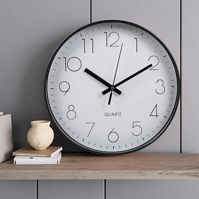 Wall Clock Large Living Room Modern Black Frame Home Office Decor Quartz 30cm UK • £7.94