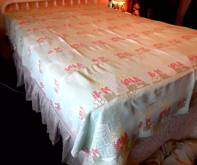 Vintage BATES Cotton Jadite Bedspread Coverlet 50’s Home Door Hollyhocks 72Wx88L • $85