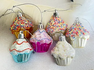 SALE! Mini 1.5” Christmas Cupcake Glass Ornaments Set Of 6 Pastel Colored • $8.50