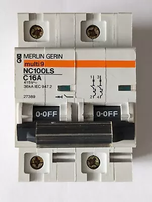 Merlin Gerin NC100LS  16 Amp Type C Circuit Breaker Mcb C16A 27389 Double 2 Pole • £29.99