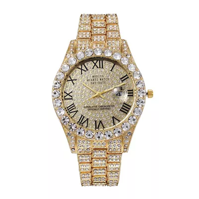 2023 Iced Out Hip Hop Mens Boys Luxury Diamond Date Quartz Bling Watch Gifts • £11.99