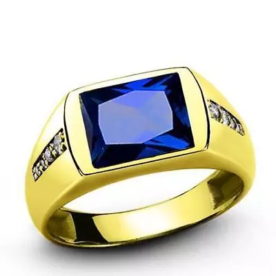 MEN'S RING Blue Sapphire And 8 Diamond Accents In Real 14K Yellow Solid Fine Gol • $885