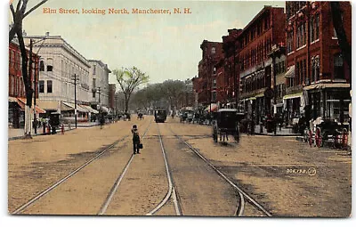 New Hampshire-NH-Manchester-Elm Street-Looking North-Trolley-Antique Postcard • $4.95