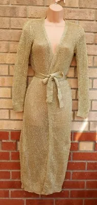 £29.99 • Buy Gold Metallic Knit Crochet Party Long Sleeve Belted Cardigan Dress Coat 12 14 Uk