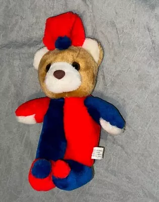 Vintage Bear Plush Clown Costume Jester Primary Color Block Blue Red 12 Inch • $10