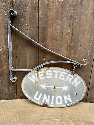Vintage Original Western Union Double Sided Porcelain Sign With Bracket • $495