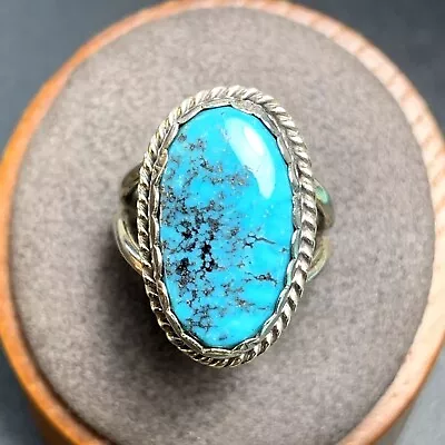 VTG Sterling Silver Handmade Natural Turquoise Bezel Set Rope Border Ring Size 5 • $44