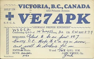 Vintage VE7APK Victoria British Columbia Canada 1951 Amateur Radio QSL Card • $5.99
