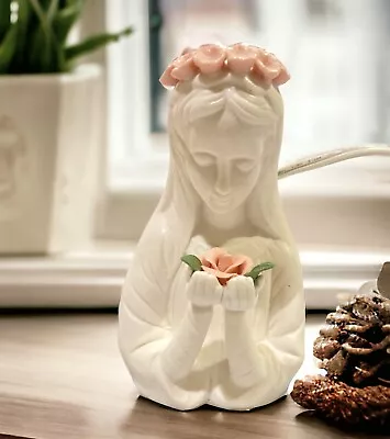 Vintage Porcelain Small Electric Lamp Madonna Holding Pink Rose Nightlight • $19.90