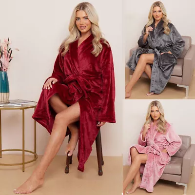 Flannel Fleece Bathrobe Womens Ladies Warm Soft Luxury Bath Robe Dressing Gown • £16.95