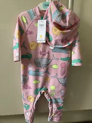 M&S Baby Girl Sun Smart Pink Swimsuit With Sleeves & Hat 9-12 Months UPF 50+ NEW • £12.50