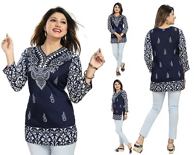 Top Ethnic Pakistani Designer Top 3/4 Sleeves Printed Kurti Women MI518 BLUE • £11.95