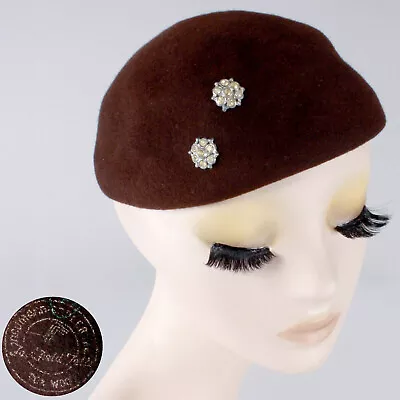 Vintage 1920s Brown Wool Felt Rhinestone Beanie Skull Cap Hat 20s 30s Fairfield • $37.95