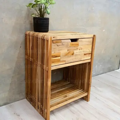 £89.90 • Buy Rustic Bedside Table Solid Teak Wood Cabinet Vintage Industrial Drawer Unit 