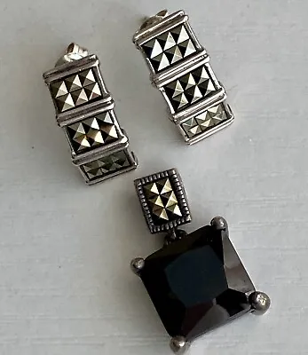 Vintage Sterling Silver Marcasite Earrings & Pendant Set 925 J Hoop Onyx Stone • $54.99