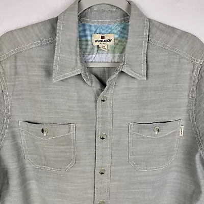 Vintage Woolrich Chambray Shirt Mens L Green Woven Cotton S/S Button Up  • $12.95