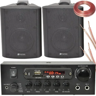 2x Black Bluetooth Wall Speaker System 110W Bar Restaurant Wireless Amp HiFi Kit • £146.99