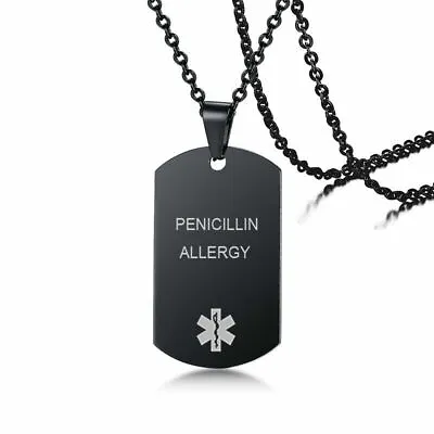 Black Stainless Steel Emgerency Medical Alert ID Pendant Necklace Free Engraving • $6.98