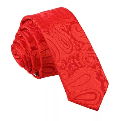 Red Skinny Tie Woven Floral Paisley Mens Formal Wedding Necktie By DQT • £7.99