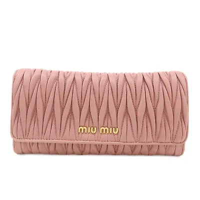 Authentic MIU MIU Leather Bi-fold Pleated Long Wallet Pink Used F/S • £130.20