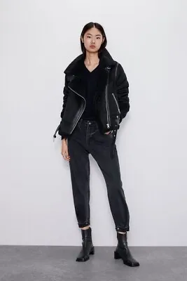 Zara Black Faux Suede Fur Double Faced Biker Jacket Aviator Coat Size Small • $85