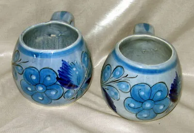 Vintage Pair Tonala Blue FLORAL Pottery 16 OZ. MUGS Coffee Cups Mexico Signed  • $16.99
