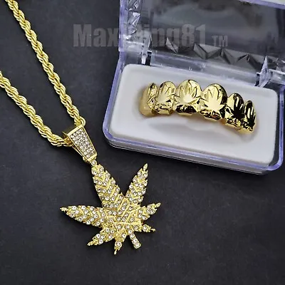 Iced Gold Plated Hip Hop Cubic Zirconia Marijuana Necklace & Grillz Combo Set • $11.99