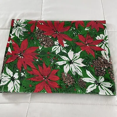 Vtg Christmas Tablecloth Poinsettia Pinecone Red Green 53x65 Cotton Handmade • $31.97