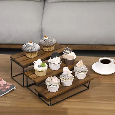 Burnt Solid Wood & Black Metal Wire 3 Tiered Dessert Display Riser Cupcake Stand • $37.99