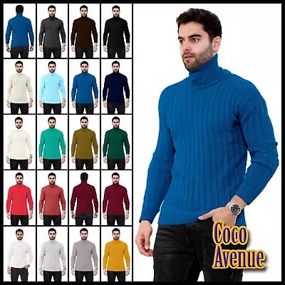 Mens Cable Knitted Polo Roll Neck Pullover Casual Warm Jumper Winter Sweater Top • £20.30