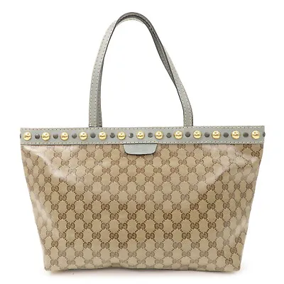 Auth GUCCI Leather Studs Tote Bag Beige Gray GG Crystal PVC 207291 Used • $448.20