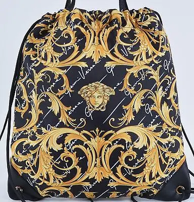 NEW Versace $1095 Baroque Medusa Print Nylon Cinched Drawstring Purse Backpack • $783.34