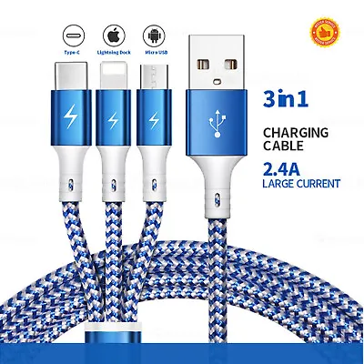 Universal 3 In 1 Multi USB Cable Fast Charger Type C Lead For IOS Samsung Phone • £3.99