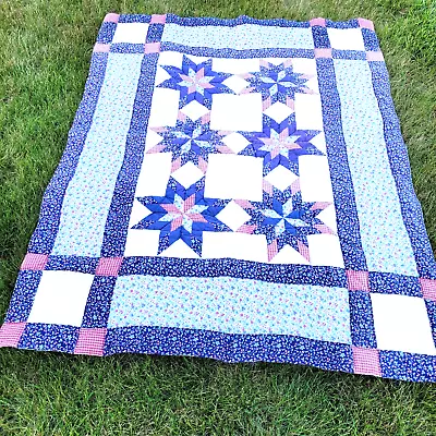 $65.99 • Buy Vintage Handmade Cotton Red White & Blue 6 Star Quilt 82x66 Americana Patrotic 