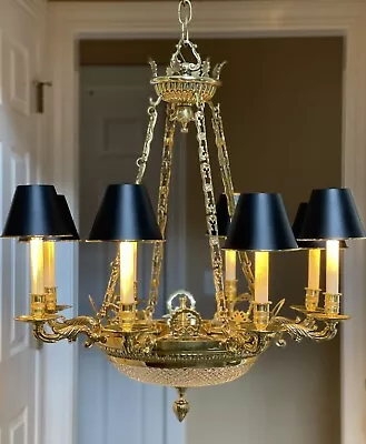 Vintage Stately French Empire Crystal Solid Brass Bouillotte Chandelier 29” • $3475