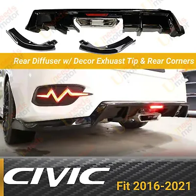 Rear Bumper Spoiler Diffuser LED Exhaust Corners For 2016-21 Honda Civic Sedan  • $169.99