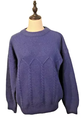 Bergere De France Mens Size M Cobalt Blue Cable Knit Crew Neck Wool Jumper • $38.71