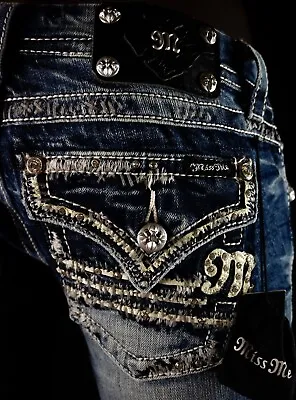 $108 Buckle Miss Me Jeans  Rhinestones Leather Signature M  Boot 26 X 30.5 • $34.99