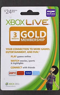 Microsoft - Xbox 360 Live 3 Month Gold Membership Card - XBOX  **READ** • $25