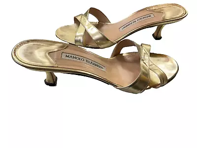 Manolo Blahnik Womens Strapless Open Toe Slip On Kitten Heels Gold Size 37.5/7M • $89