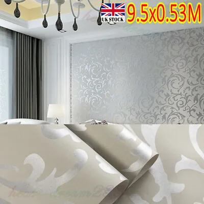 10M Light Grey Glitter Textured Modern Wallpaper Metallic Floral Damask Embossed • £6.98