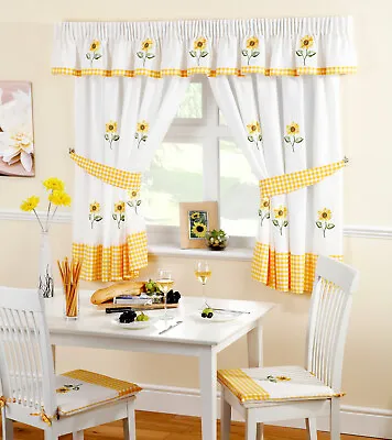 £36.99 • Buy Sunflower Yellow Gingham Embroidered Tape Top Pencil Pleat Kitchen Curtains