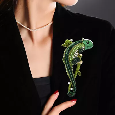 Woman Green Chameleon Animal Lizard Pendant Brooch Pin Rhinestone Crystal • $7.09