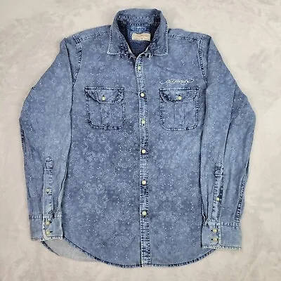 Ed Hardy Shirt Mens Medium Blue Denim Chambray Paisley Button Dress Casual Adult • $30.79