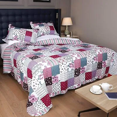 £38.99 • Buy King Size Quilted Bedspread Throwover Freya Purple Patchwork 260cm X 260cm