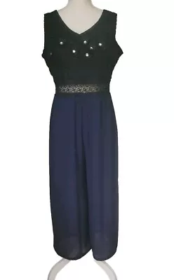 Zara Dressy Navy Blue Midi Jump Suit W/See Through Lace At Waist Size XXL • $36.99