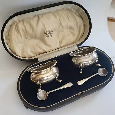 Cased Pair Of Sterling Silver Salts & Spoons ~ Hallmarked Birmingham 1918 ~ 97g • £70