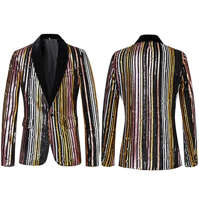 Men Formal Striped Sequin Jacket Suit Blazer Coat Showman Costume Stage Party  • $55.70